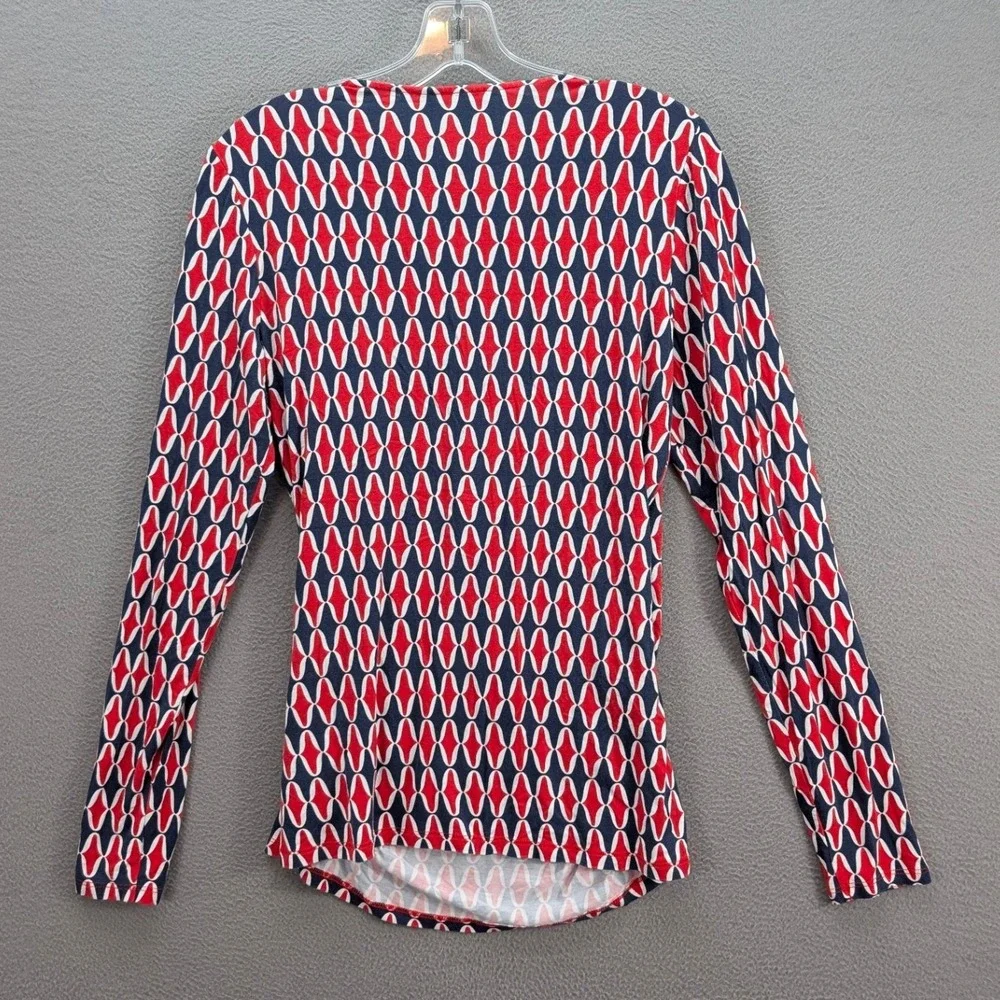 Boden Women's Long Sleeve Wrap Blouse Top Geometric Jersey Knit Navy Red Size 10 - Picture 5 of 11